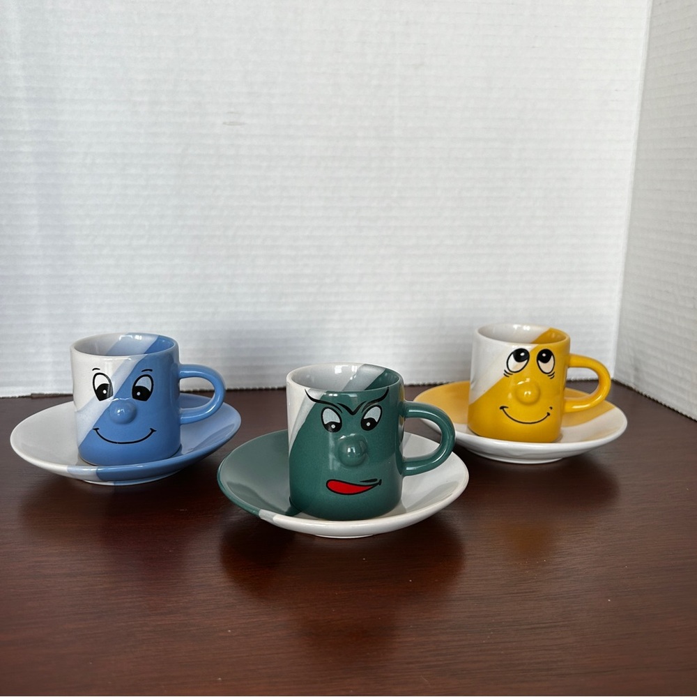 Set of 3 Yably Colourful Funny Face Expresso Cups and Saucers